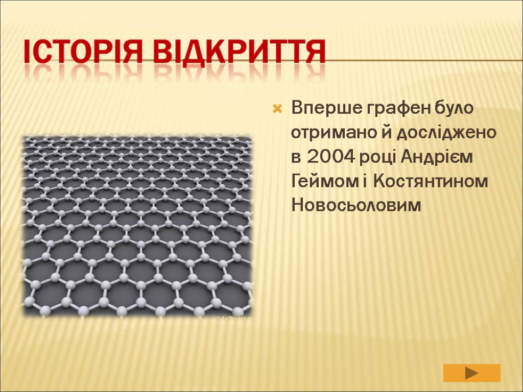 Вперше графен було отримано й досліджено в 2004 році Андрієм Геймом і Костянтином Новосьоловим